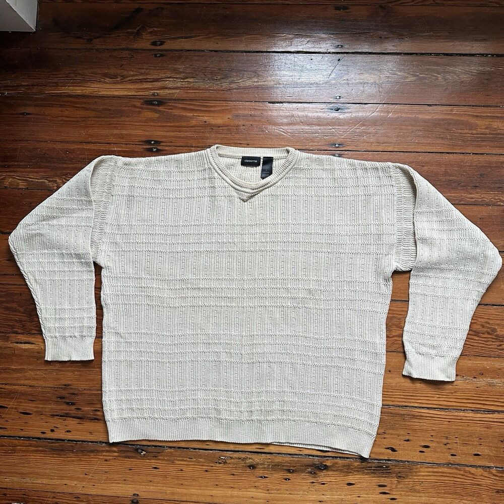 Claiborne Sweater Mens L Cream Ribbed Knit Crewneck 100% Cotton Japan